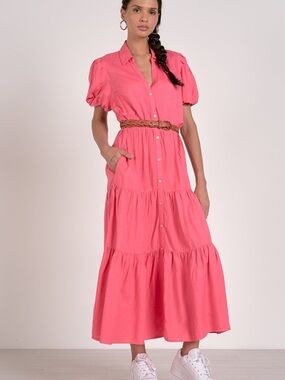 NWT S Elan Pink Button-Front Tiered Maxi Dress / belt in photo not included